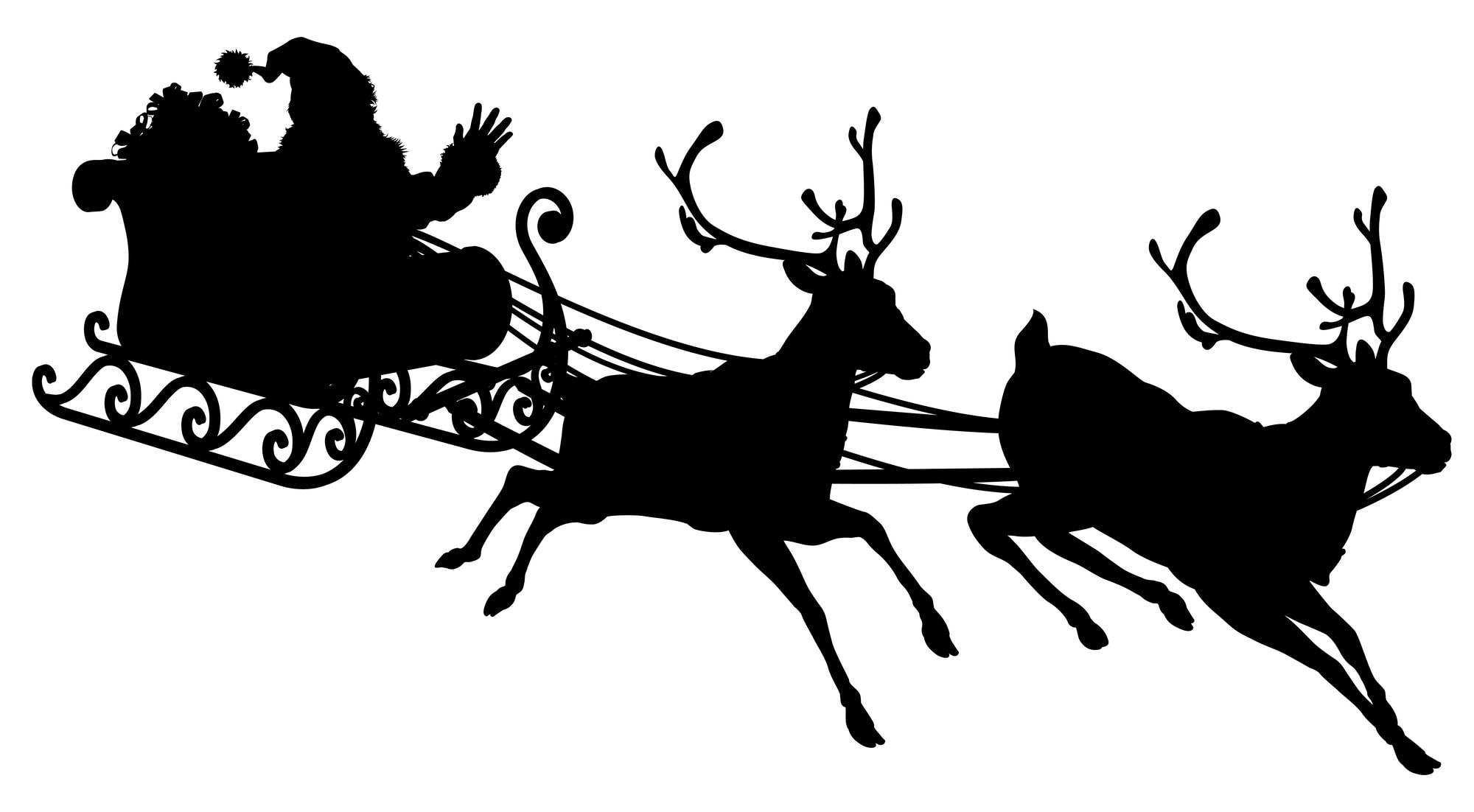 Santa Sleigh Silhouette illustration of Santa Claus in his sleigh flying through the sky being pulled by his reindeer