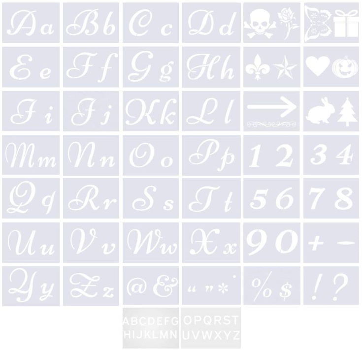 Letter Stencils for Painting on Wood - 40 Pcs with Adhesive - Alphabet with Calligraphy Font Upper and Lowercase Letters