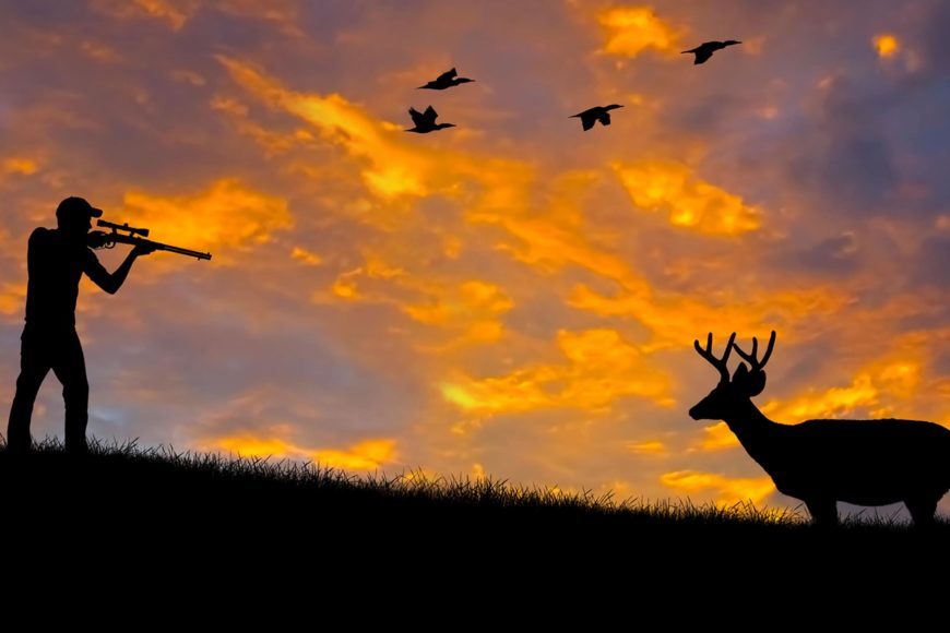 Man trying shooting a deer in sunset background