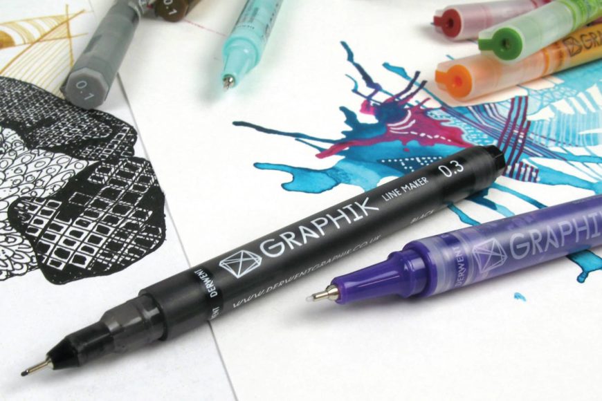 Pens for doodling and white paper with prints