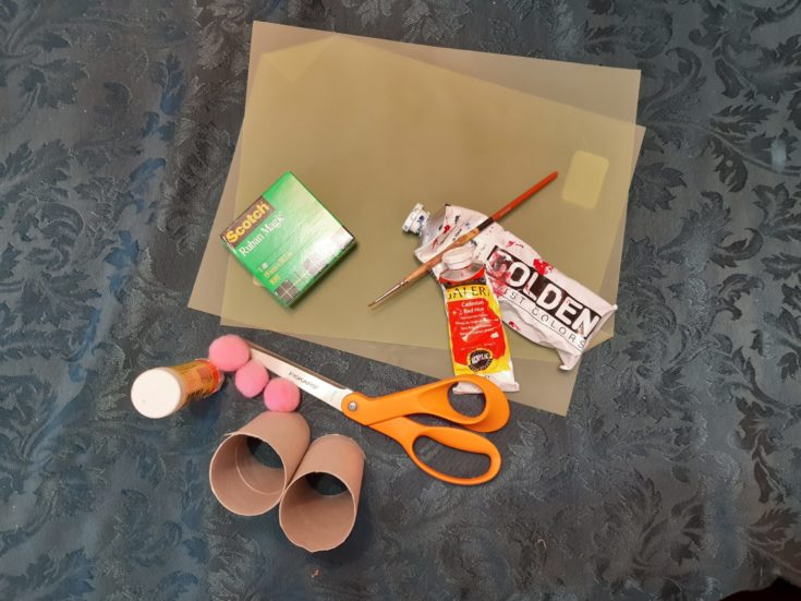 Cardboard Tubes + Acrylic Paint + Construction paper + Glue + Tape + Scissor + Pom Poms