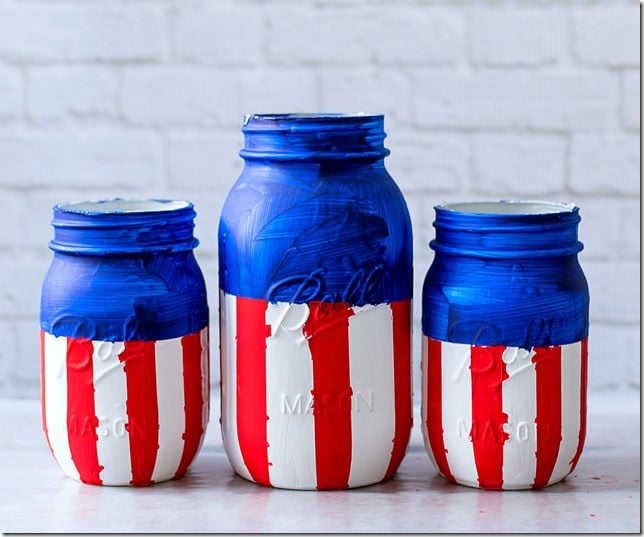 Patriotic Red White Blue Mason Jars.