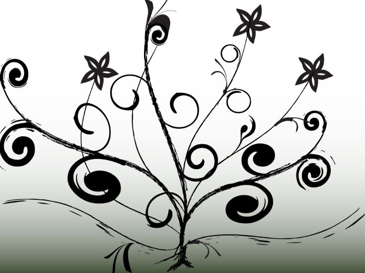 Black and white gradient vector background with abstract and decorative tree design. Tree graphics have swirling branches and flower blossoms and are done with an Illustrator ink brush. Download this free and creative nature themed vector design for your greeting card and postcard projects. Tree graphic vector artwork by Free-Vectors.com