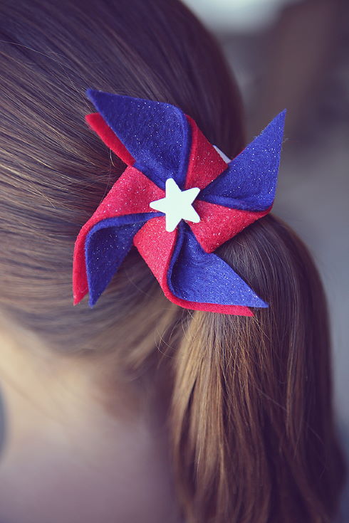 woman's hair wearing red, white and blue Pinwheel Hairclips