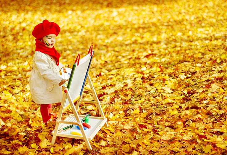 Autumn Baby Girl Drawing in Fall Leaves Park, Kid Painting