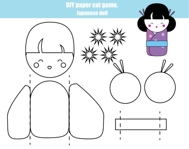 DIY children educational creative game. Make a japanese kokeshi doll with scissors and glue. Printable paprecut activity