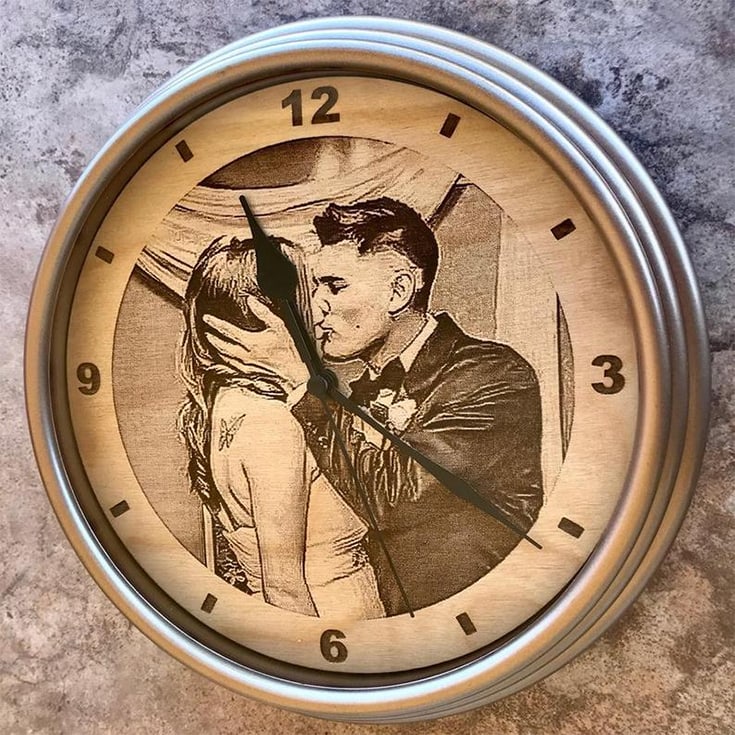 12 Inch Engraved Wooden Photo Clock Gift Anniversary Couple Wedding Photo Portrait Cute Unique Laser Etched Engraved Engraving Present Wall