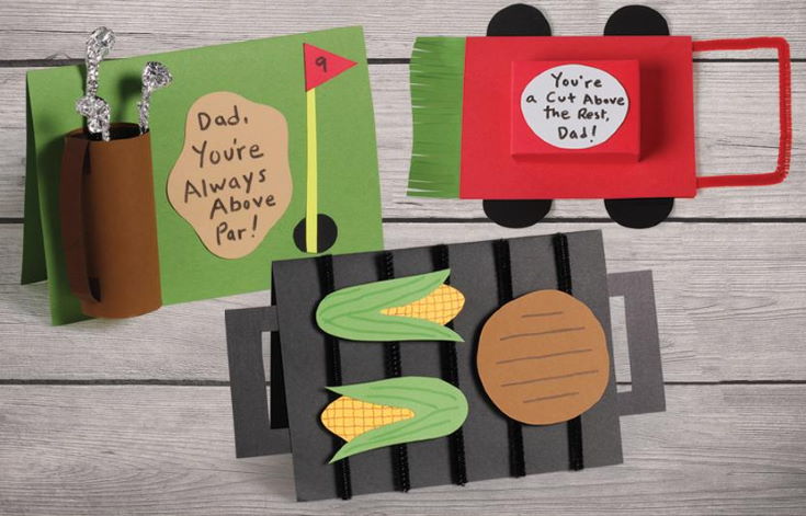 Golf Card, Lawn Mower card, Barbecue card in wooden background