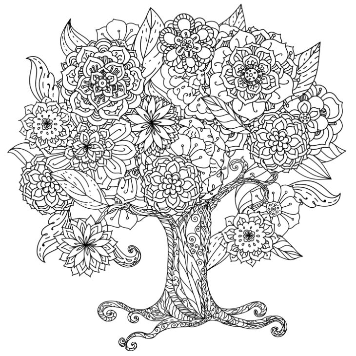 Circle shape orient floral black and white tree could be use for coloring book in zentangle style.