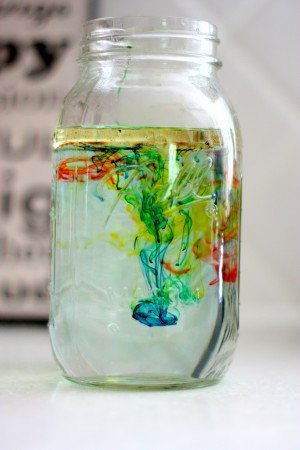 fireworks in a jar: oil, water, and food coloring