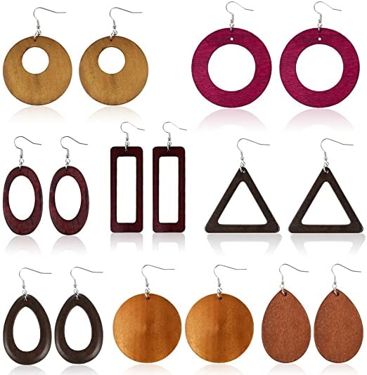 Sntieecr 8 Pairs Wood Earrings Natural Wooden Teardrop Earrings Lightweight Dangle Earrings Geometric Wood Drop Earrings for Women