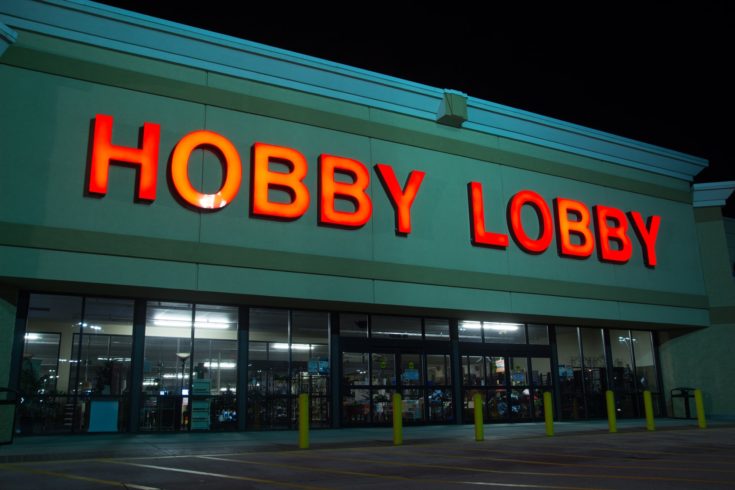 JACKSONVILLE, FL - MARCH 27, 2014: A Hobby Lobby store at night. Hobby Lobby is a privately held retail chain of arts and crafts stores in the U.S. As of 2012, the chain has 561 stores across the U.S.A.