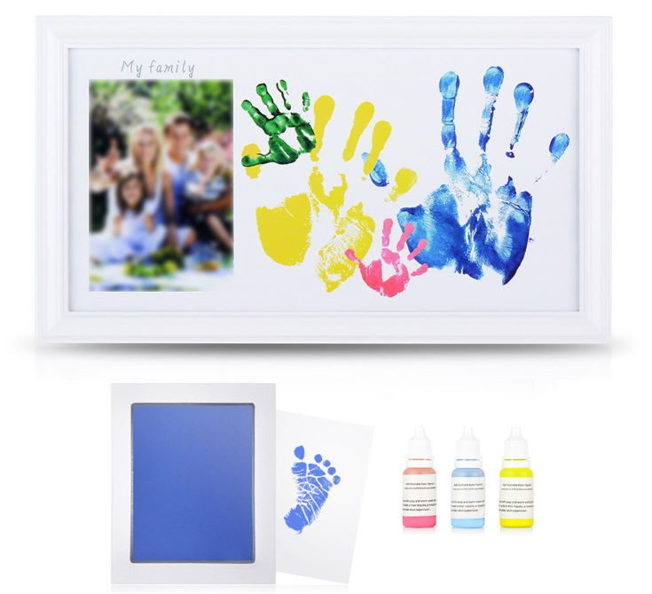 DIY Family Photo + Family Hand/Footprints Kit with 10 X 17'' Elegant White Wood Picture Frame, Ink Pad, Non-Toxic Watercolor Paints, Registry Keepsakes Mother's Day Gift