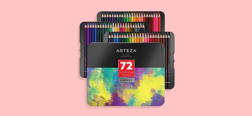 Arteza Watercolor Pencils set of 72 in a box in pink background