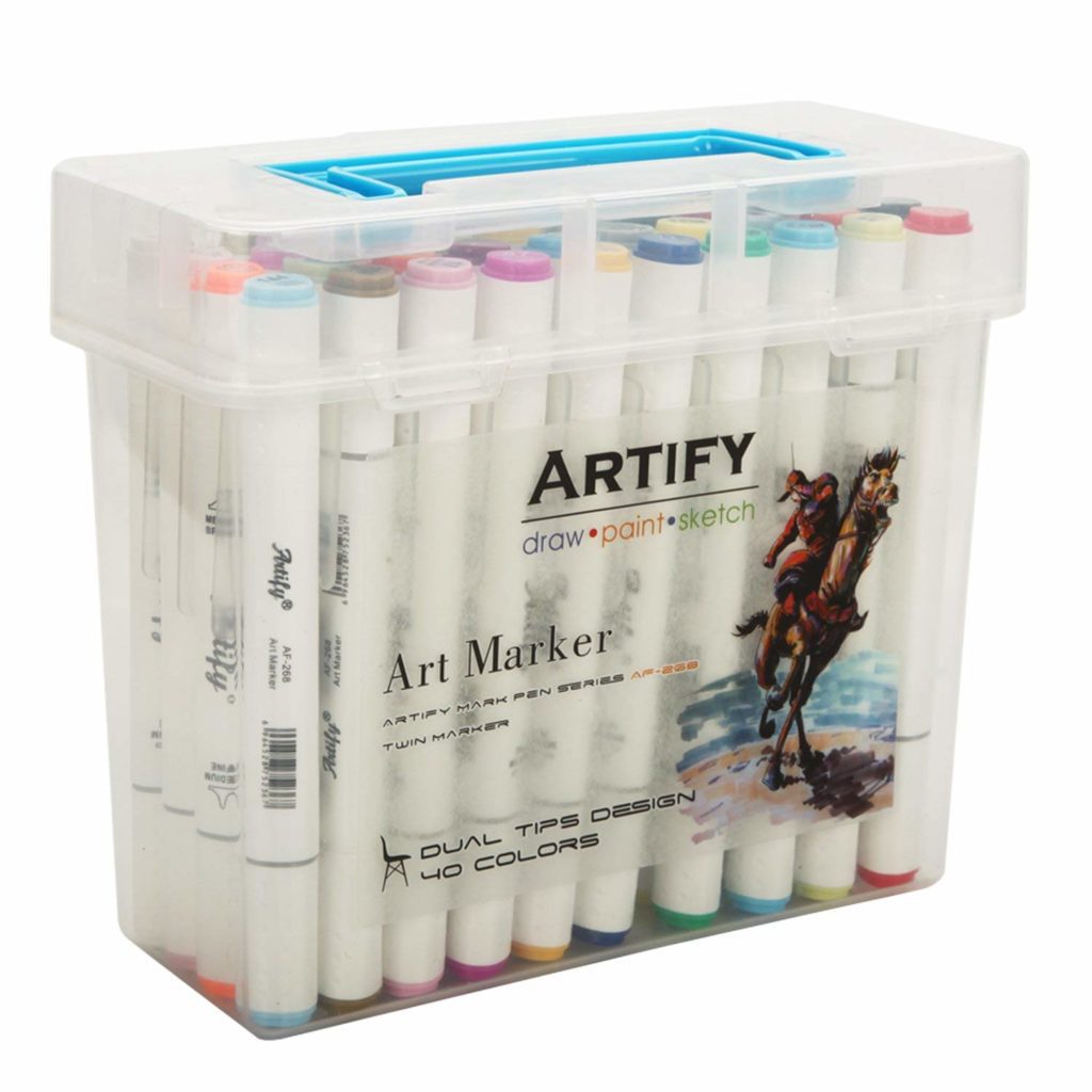 Package of 40 Artify Art markers in a plastic case with a light blue handle.