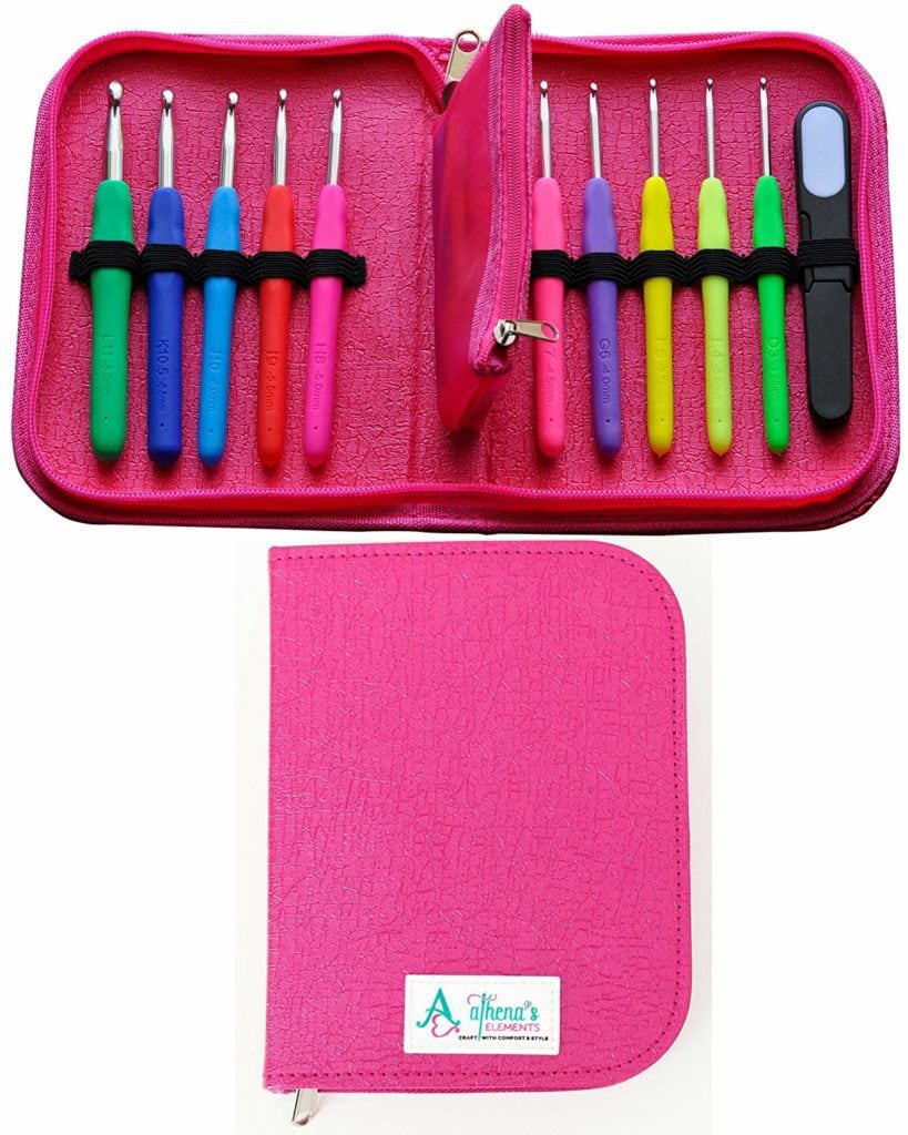 Multi-color crochet hooks in pink holder with small extra middle pocket