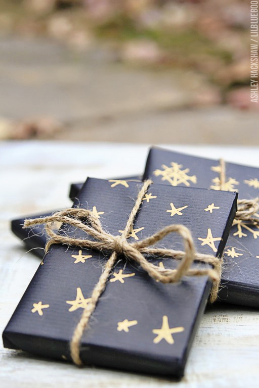 Gold and Black Christmas Gift Wrapping Paper tied with jutes by Ashley Hacksaw and Lil Blue Boo