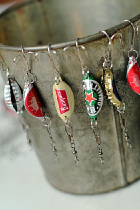 Bottle Cap Fishing Lures hanged on the can