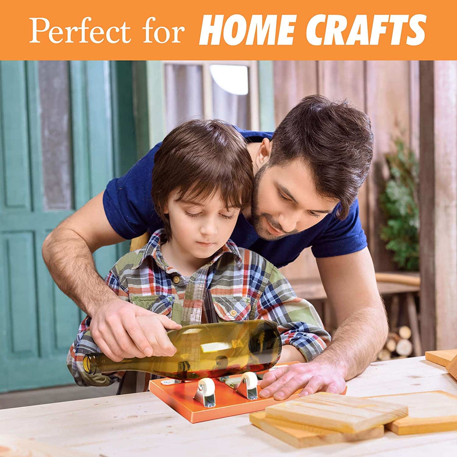 Father guide his son on cutting glass bottle using a bottle cuter frame.