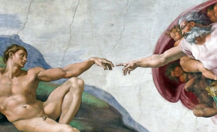 God's finger touching Adam hand. Adam creation by Michelangelo