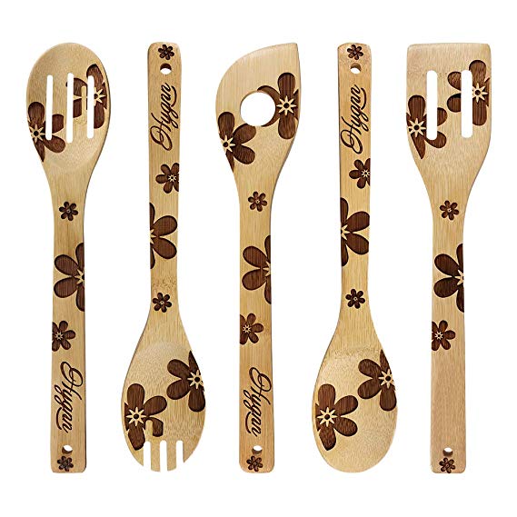 Burned Wooden Spoons House Warming Gift Unique Solid Flower Pattern Present Great For Stylish Serving Utensils