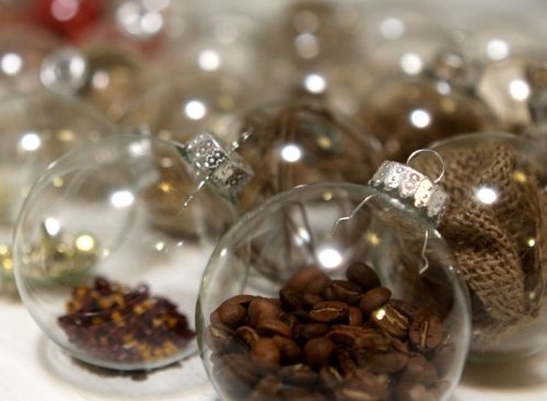 Coffee beans inside glass ball ornaments