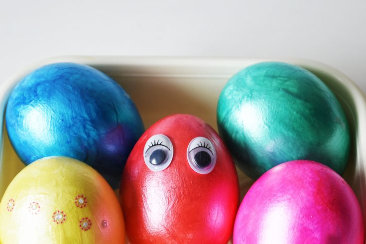 Collection of photos festive colorful handmade easter eggs.