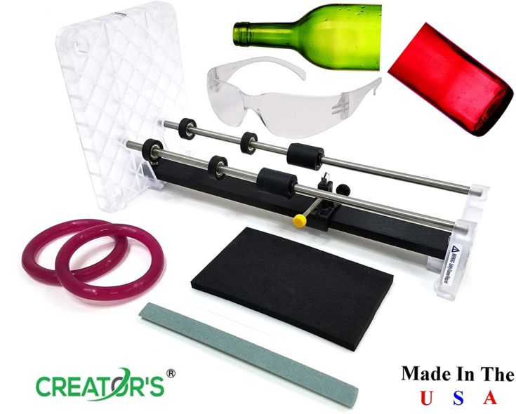 Creator's Glass Bottle Cutter Machine Kit - Home Entertainment System - Made In The USA Pro Quality - Includes Carbide Head, Ruler, Ball Bearing Rollers, Safety Glasses - Craft Beer/Liquor/Wine Bottles