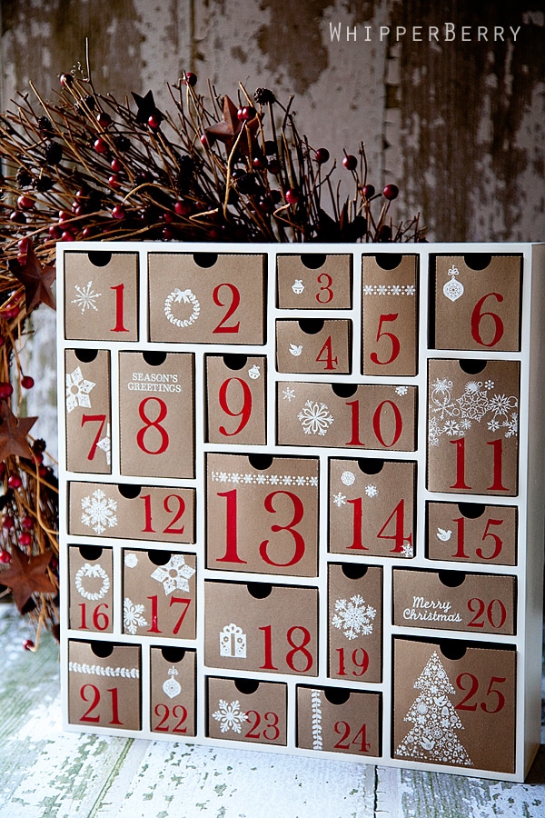 DIY Chirstmas cardbox drawers with big red numbers written on the box