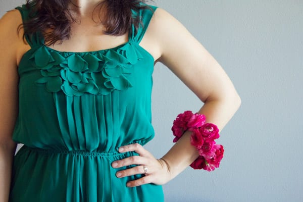 Woman wearing a DIY Floral Bangle.