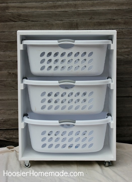 Hoosier Homemade Mobile Laundry Basket Dresser with 3 Layers of white baskets