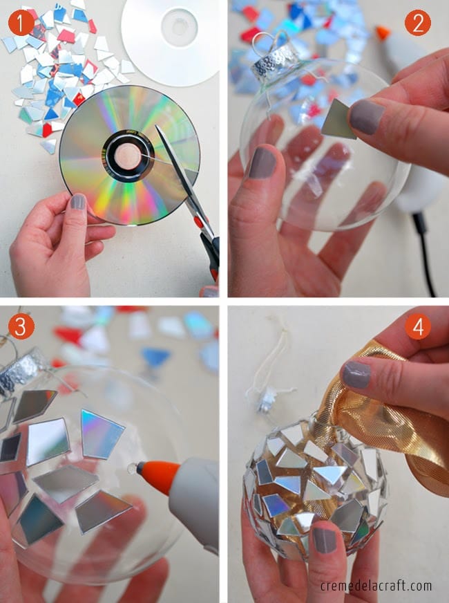 Clear glass Christmas ball ornament covered with compact disc mosaic