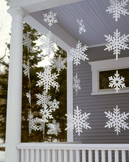 DIY Snowflakes hanging on porch