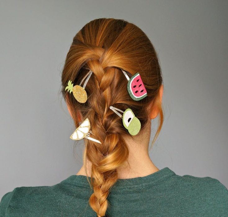 a woman's hair with DIY Summer Fruit Hair Clips