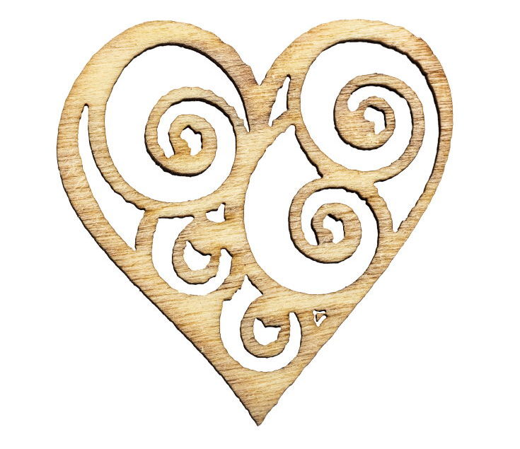 Graceful wooden heart, with a burned pattern, isolated on white