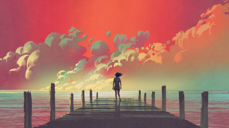 beautiful scenery of the woman standing alone on a wooden pier looking at colorful clouds in the sky, digital art style, illustration painting