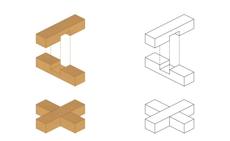 Type of wood joint set Cross Lap style, perspective 3d with top front side and back view isolated on white background