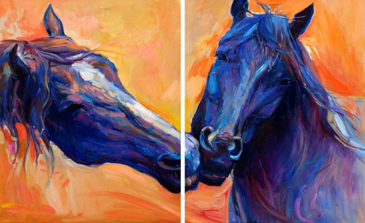 Original abstract oil painting of beautiful blue horses.Modern Impressionism.Painting is related to year 2014-year of the blue horse