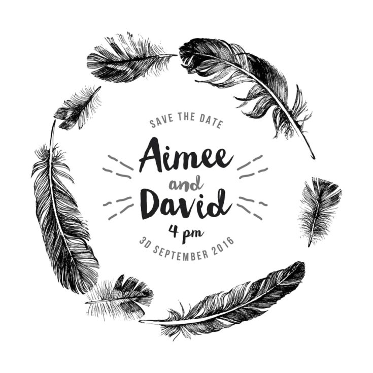 Hand drawn feathers wreath with save the date type design