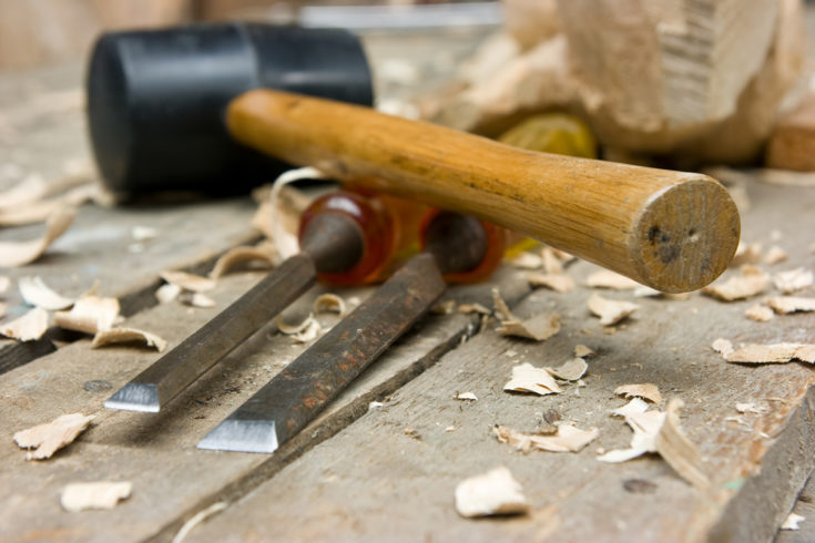 wood carving tools on the workbench