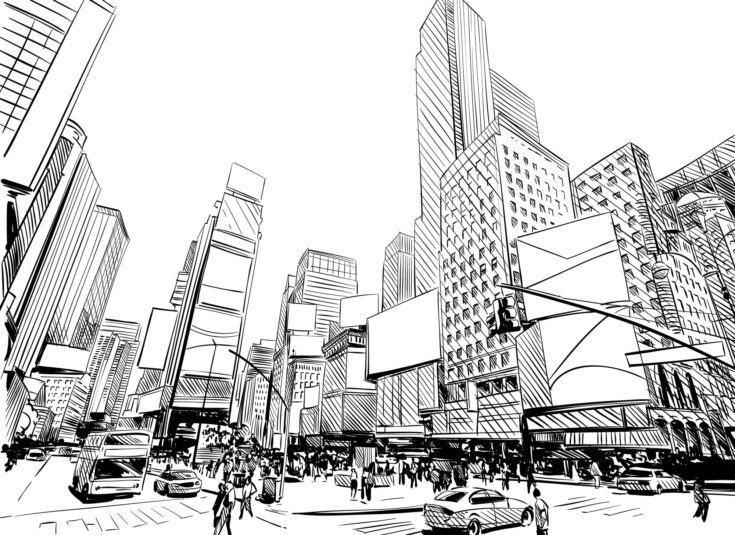 City hand drawn unique perspectives, vector illustration