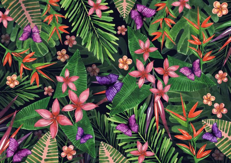 Tropical flowers pattern of exotic flower and plants. Realistic watercolor painting jungle: exotic flowers, butterfly and leaves. Exotic tropical background.