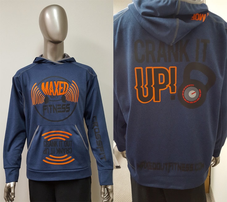 Heat press blue hoodie fit to a mannequin.