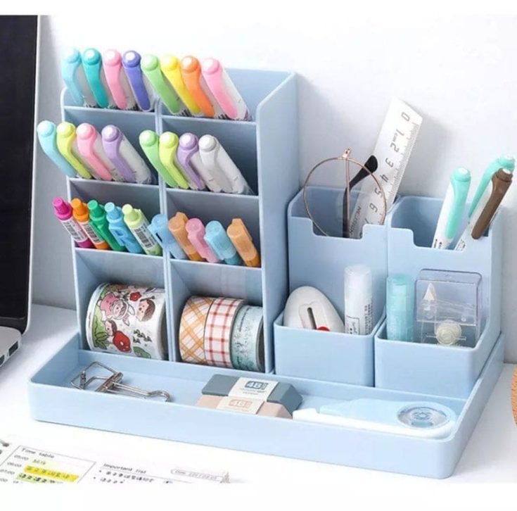 blue plastic office organizer