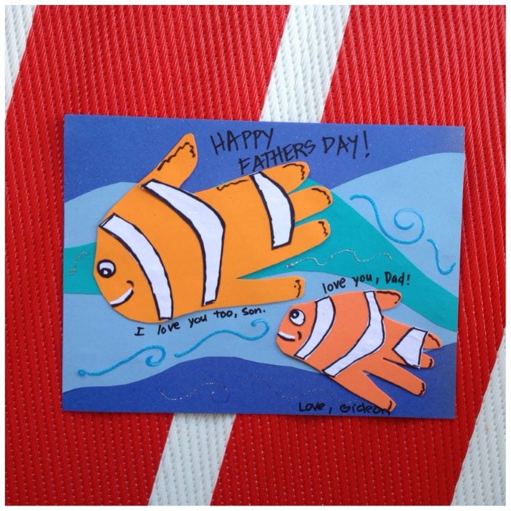 Father and Son Fish Handprints card in red and white stripe background