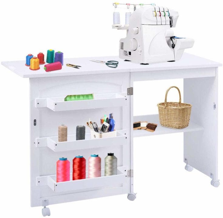 Giantex Folding Sewing Craft Table, Sewing Craft Cart with Storage Shelves and Lockable Casters Folding Sewing Table for Apartment Small Spaces (White, 46x16x31'')