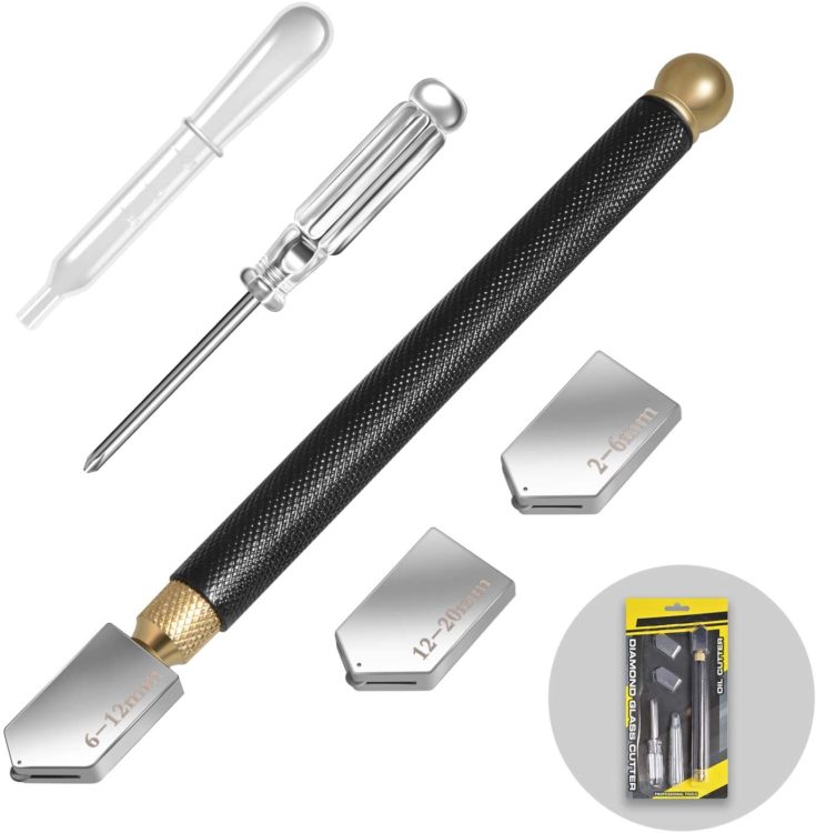Glass Cutter Tool Set 2mm-20mm Pencil Style Oil Feed Carbide Tip with 2 Bonus Blades and Screwdriver in a white background.