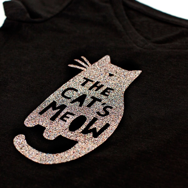 Glitter Iron-On Roll cat design in black tshirt