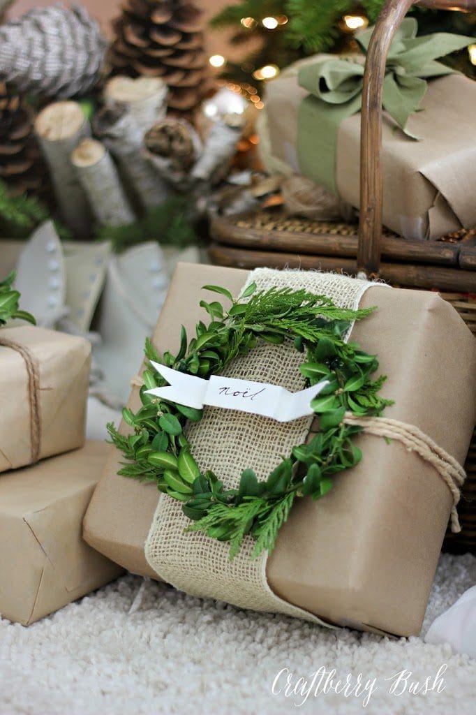 Green wreath on a brown gift wrapping paper by Craftberry Bush