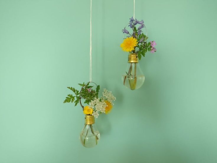 Hanging lightbulb vases in mint green background.